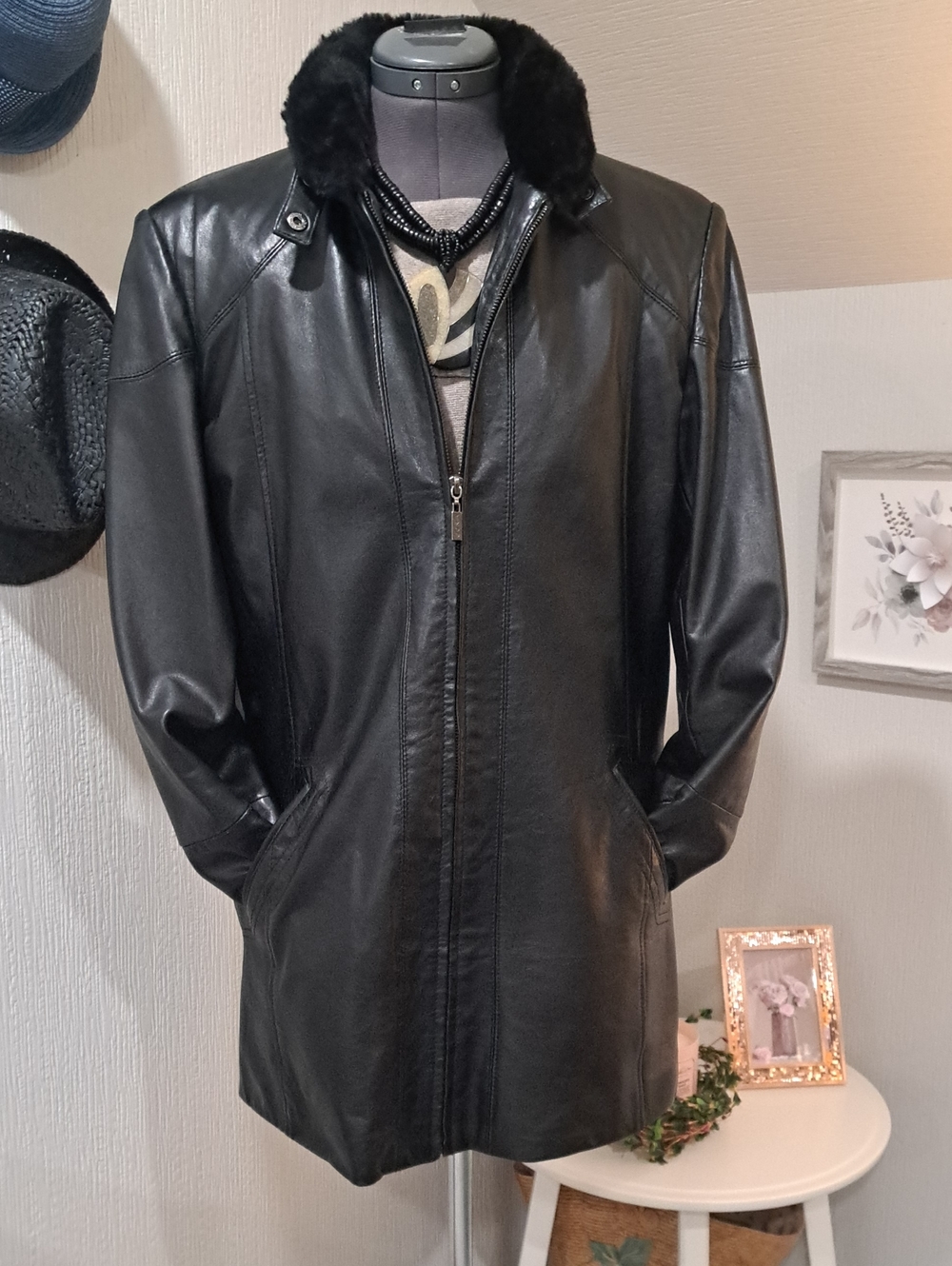 Izod Black Leather Zip-Front Jacket with Faux Fur Collar
